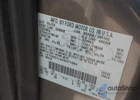 2003 Ford F-250 Lariat/Xl/Xlt z USA, uszkodzony, nr VIN 1FTNX21L63ED71094